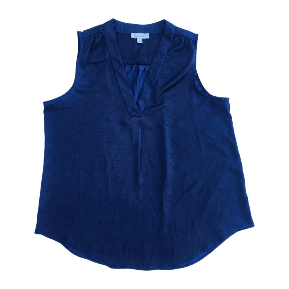 Alex & Lili Blue Sleeveless Blouse V-Neck Pleated Tank Top Size Small